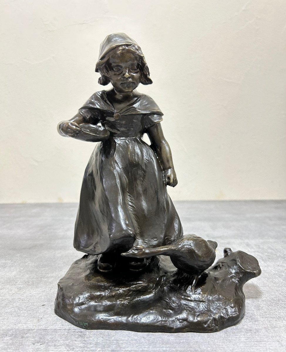 Young Girl And Her Goose In Bronze Signed Landuc Late 19th Century