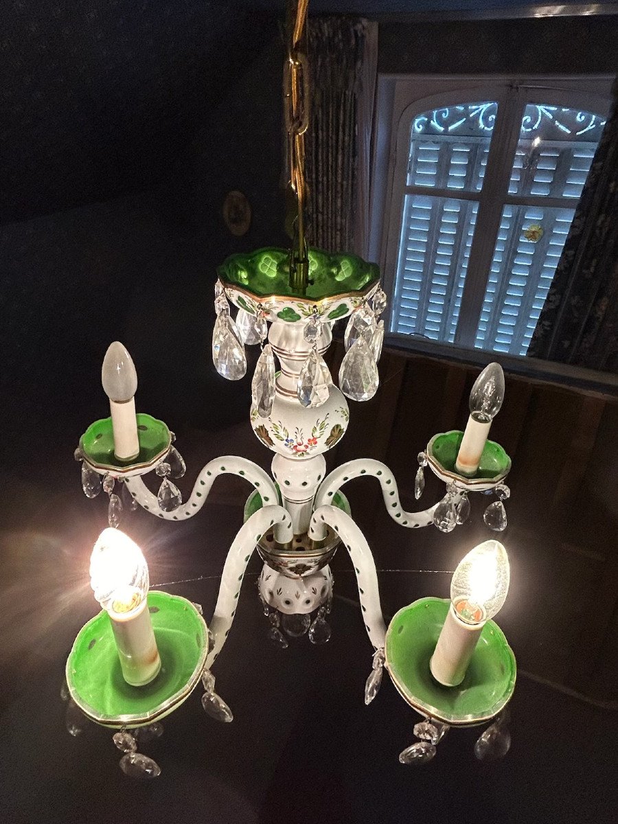 Lustre Cinq Branches En Verre Overlay Blanc Et Opaline Avec Pampilles-photo-3