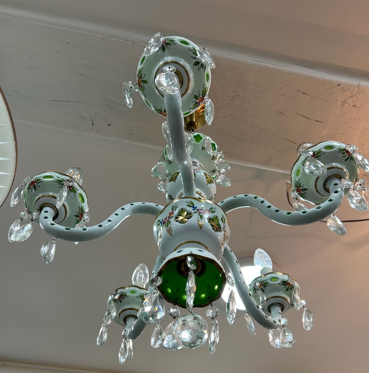 Lustre Cinq Branches En Verre Overlay Blanc Et Opaline Avec Pampilles-photo-1