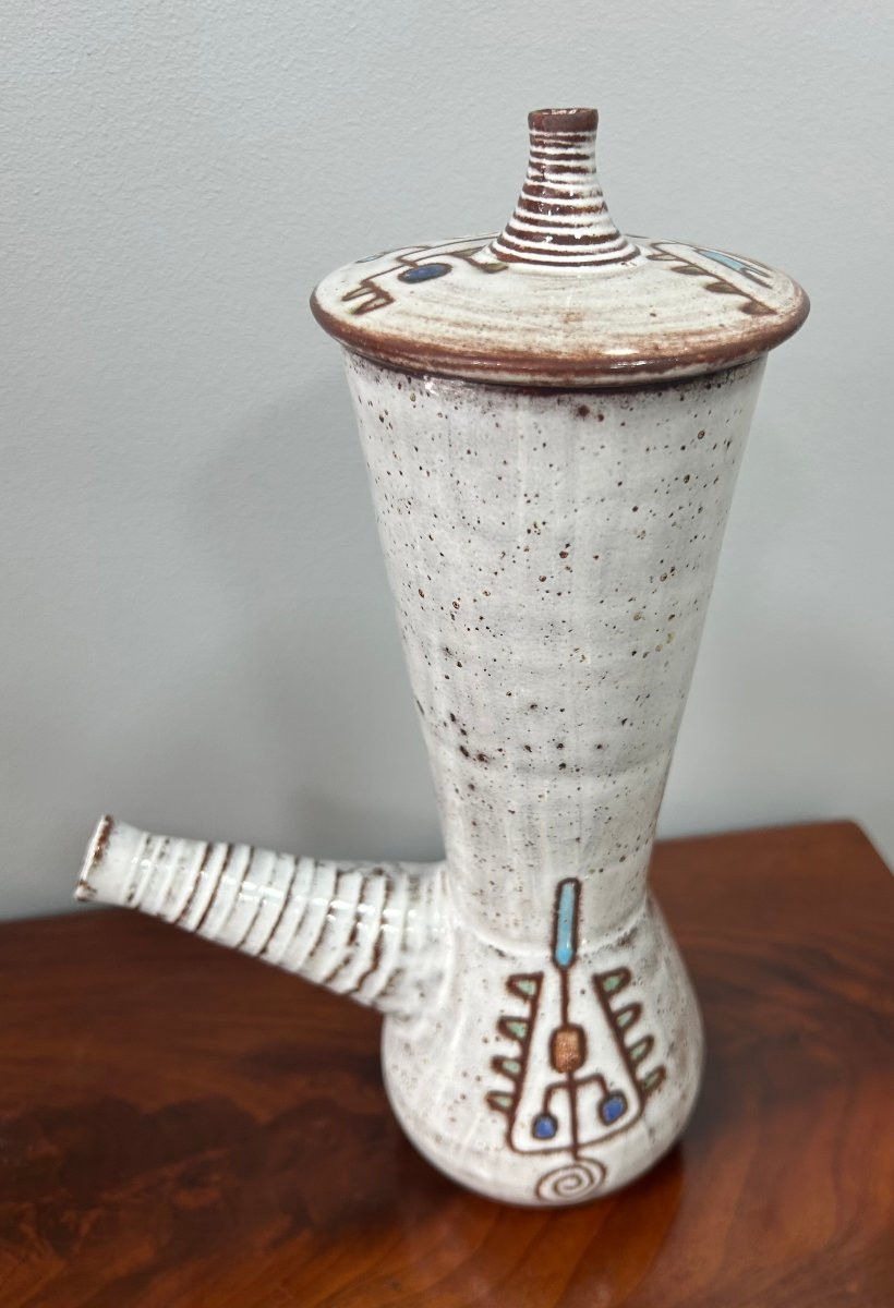 Vallauris Ceramic Lidded Pitcher Circa 1960 Jean Rivier 1915-2017-photo-2