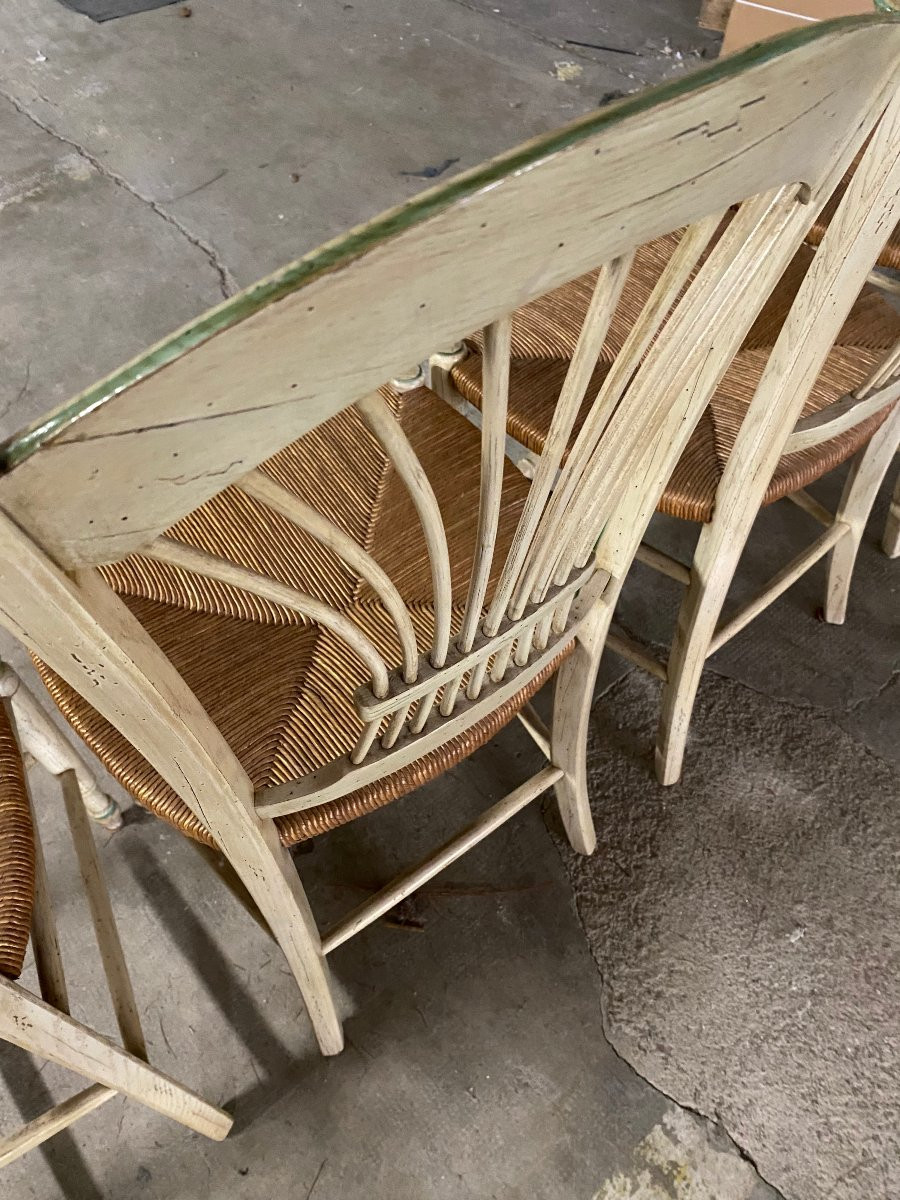 4 Provençal Chairs In Cream-painted Beech Wood With Green Trim And Natural Straw-photo-2
