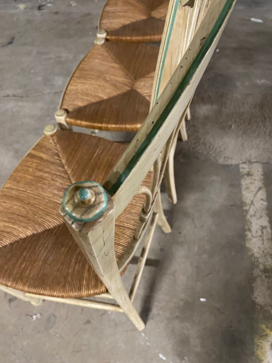 4 Provençal Chairs In Cream-painted Beech Wood With Green Trim And Natural Straw-photo-3