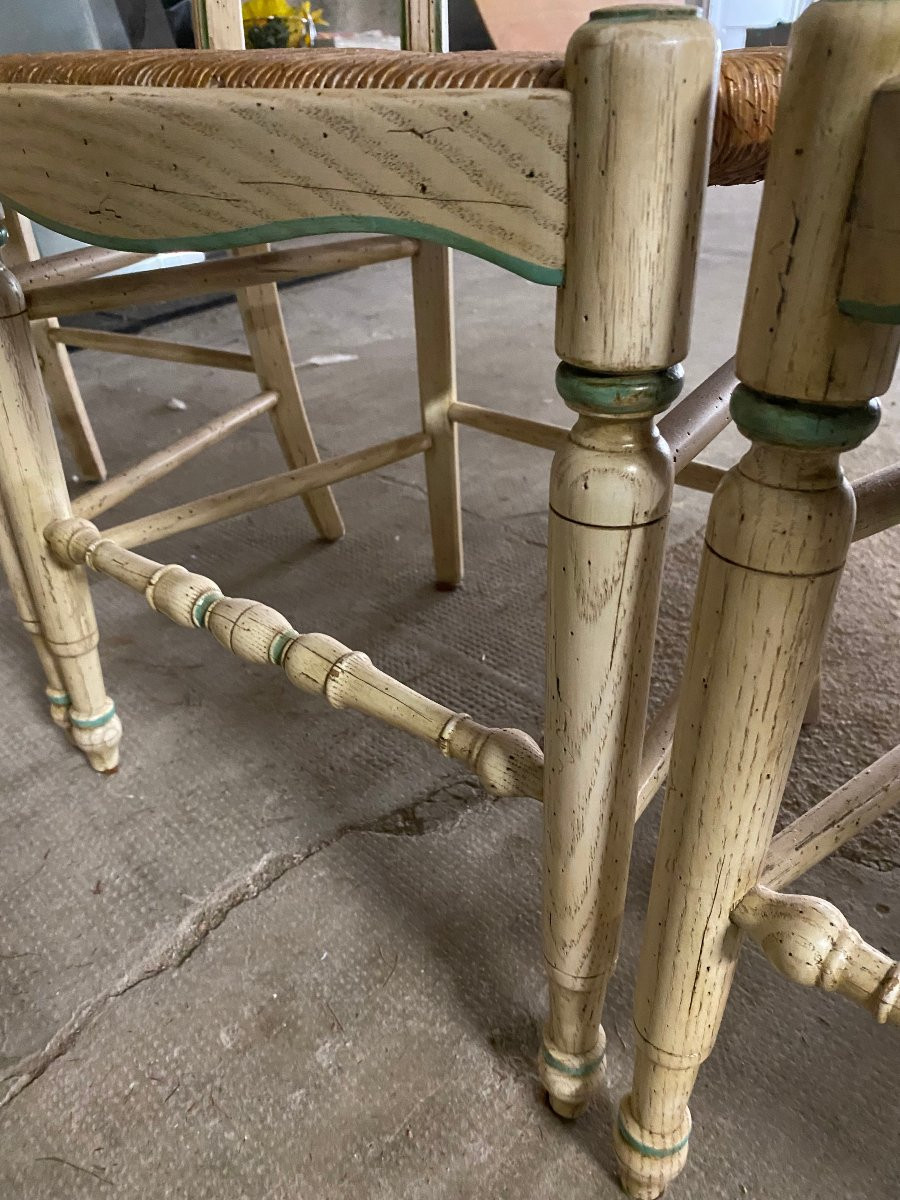 4 Provençal Chairs In Cream-painted Beech Wood With Green Trim And Natural Straw-photo-4