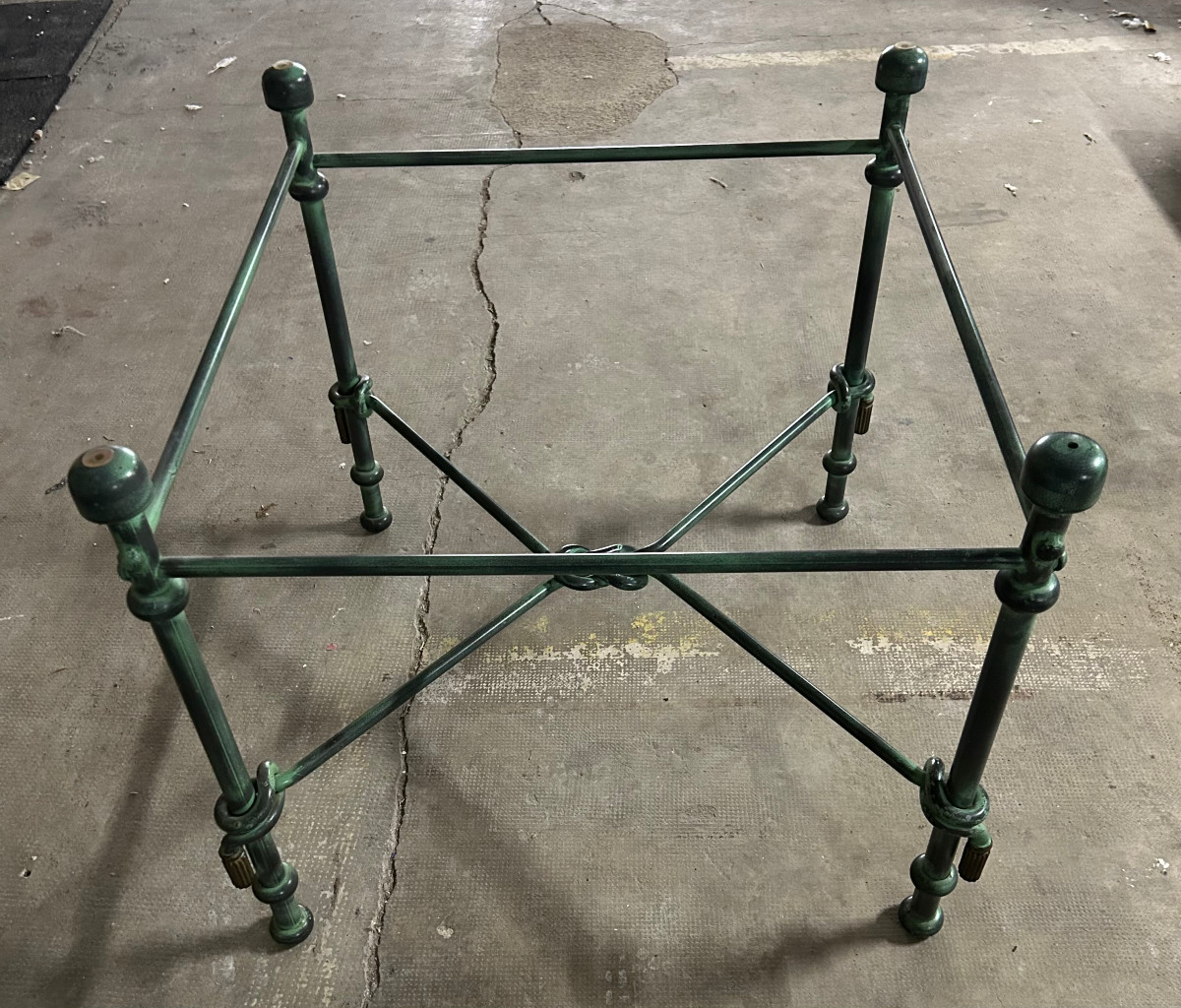 Round Table In Patinated Iron, Aged Bronze Color, Green, In The Shape Of An Intertwined Knot