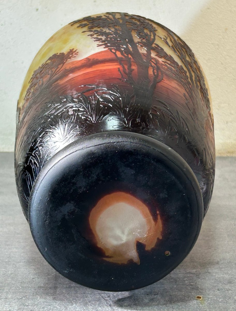 Daum Nancy Vase, France, Art Nouveau, Acid-etched Glass Paste, Lakeside Landscape Decoration-photo-2