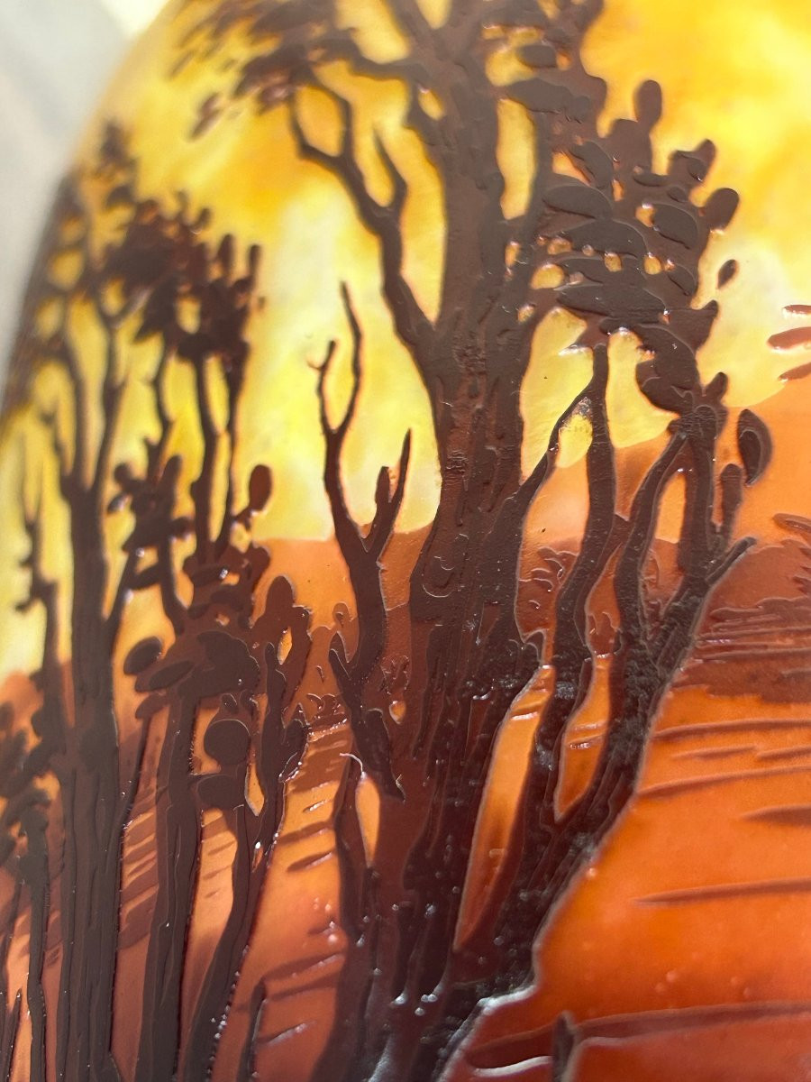 Daum Nancy Vase, France, Art Nouveau, Acid-etched Glass Paste, Lakeside Landscape Decoration-photo-3