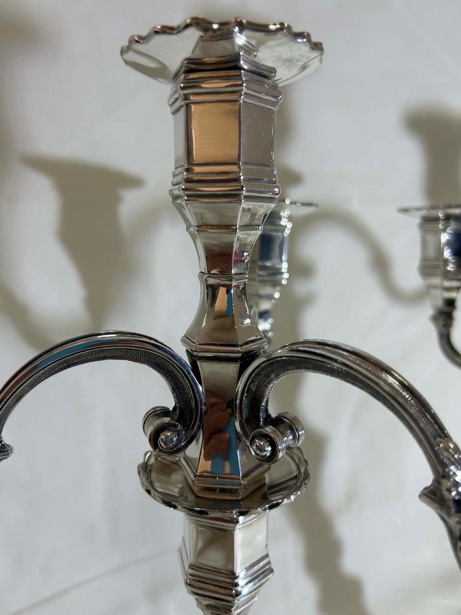 Paire de chandelier ou bougeoir en métal argenté orfèvre Auguste Monnier-photo-3