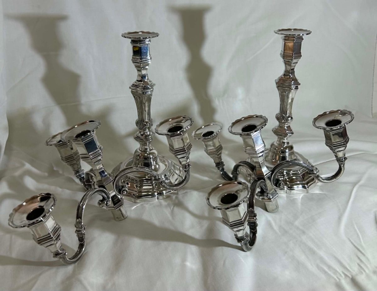 Paire de chandelier ou bougeoir en métal argenté orfèvre Auguste Monnier-photo-4