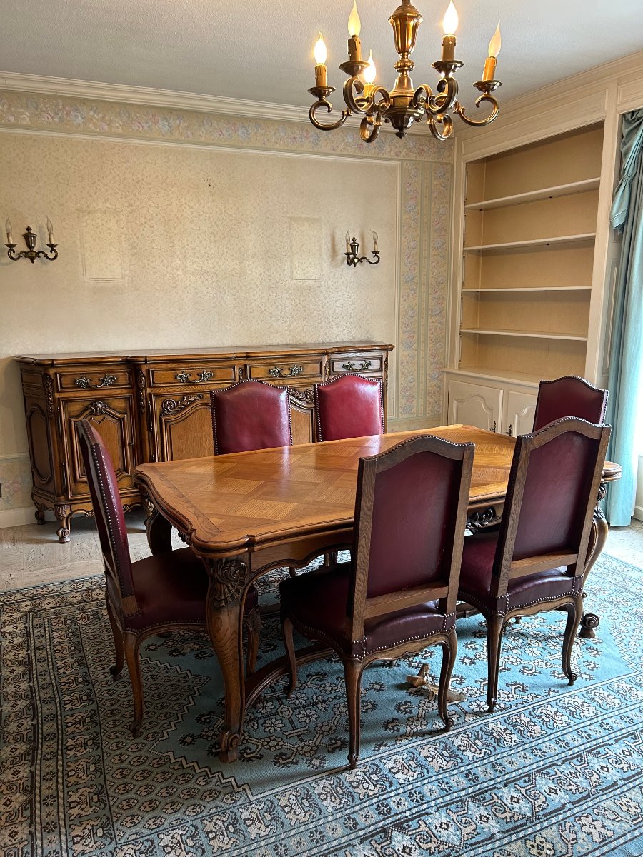 Salle à manger complète style Louis XV en chêne (buffet table et 6 chaises)