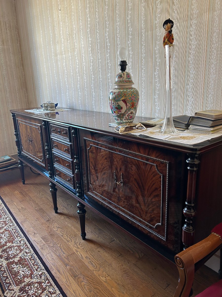 Complete Regency-style Mahogany Dining Set: Sideboard, Table, And 6 Chairs-photo-4