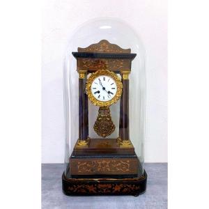 Portico Pendulum In Marquetry Restoration Period With Its Base And Its Glass Globe