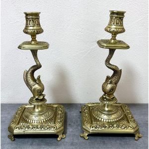 Pair Of Bronze Candlesticks Decorated With Dolphins