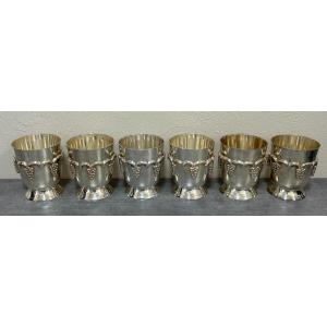 6 Goblets Or Wine Glass In Silver Metal, Mounted On Pedestal