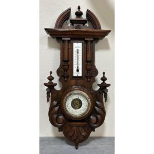 Baromètre Thermomètre Anéroïde En Bois Sculpté Fin 19ème