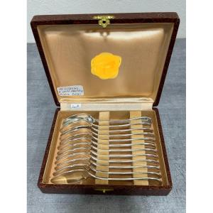 Box Of Twelve Teaspoons In Silver Metal Pearl Model From Christofle