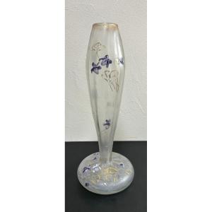 Montjoye Saint Denis Vase In Acid-cleared Glass And Hot-enameled With Violets