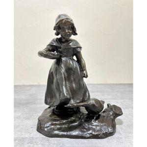 Young Girl And Her Goose In Bronze Signed Landuc Late 19th Century