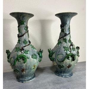 Pair Of Majolica Palissy Vases Victorian Period 1890.