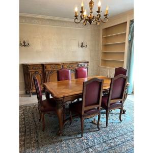 Complete Louis XV-style Dining Set In Oak (sideboard, Table, And 6 Chairs)