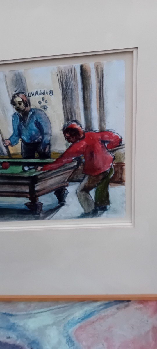 Aquarelle Partie De Billard 20ème-photo-2