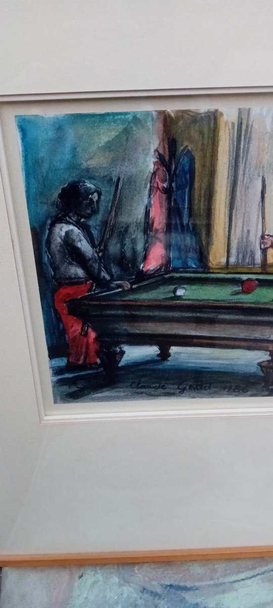 Aquarelle Partie De Billard 20ème-photo-3