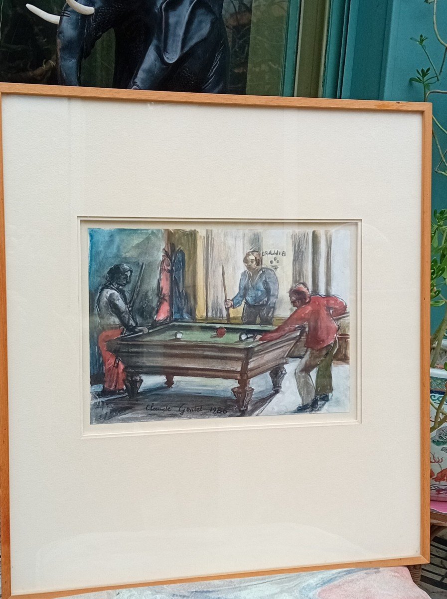 Aquarelle Partie De Billard 20ème