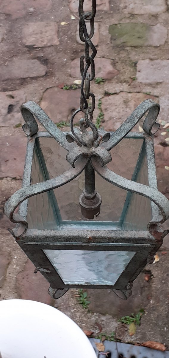 Pair Of Green Patina Wrought Iron Lanterns-photo-1