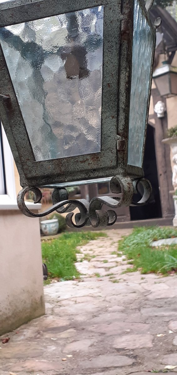 Pair Of Green Patina Wrought Iron Lanterns-photo-3