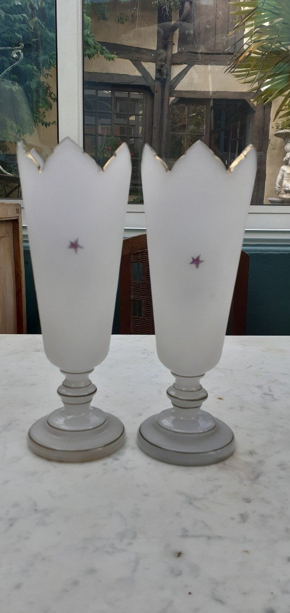 Pair Of Opaline Cornet Vases 1900-photo-3