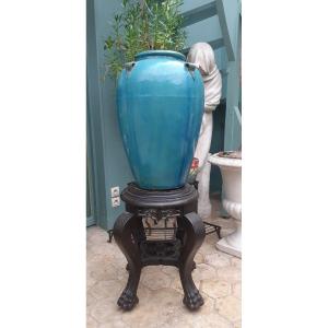 Grand Vase En Grès Flammé, Bleu