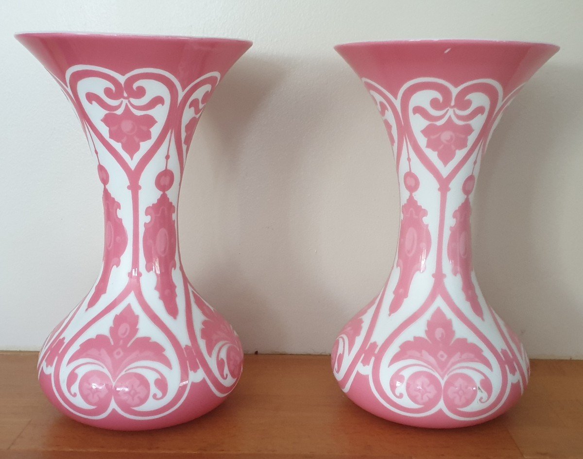 Vases  Overlay Opaline Rose XIX éme Napoléon III 