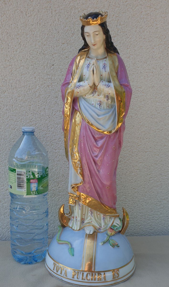 (TOTA PULCHRA ES  )  Immaculée Conception . Importante Vierge en Porcelaine XIX éme Siècle -photo-1