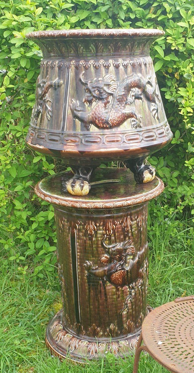 Cachepot On Column With Dragons 19th Chinese Style 
