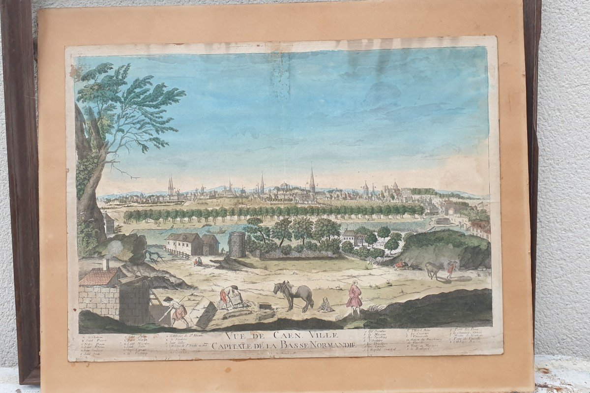 Vue De Caen ( Jacques Chereau  ) Gravure à l'Eau Forte en couleurs 