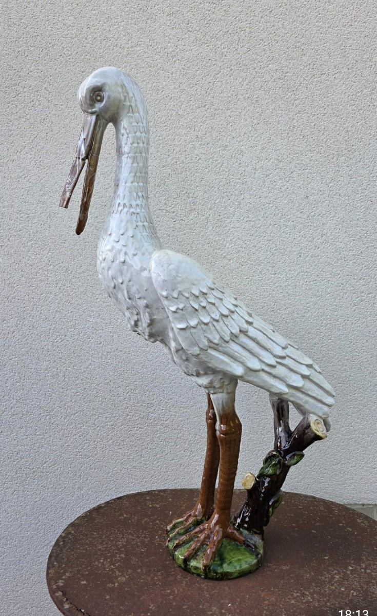 CIGOGNE FAÏENCE DE BAVENT ÉPIS DE FAÎTAGE ALSACE 