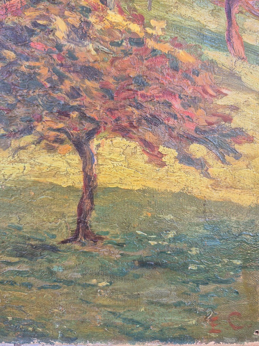 Edmond Ceria (1884 - 1955)  tableau  impressionniste .Évian les bains ,Église, verger,mont-photo-3
