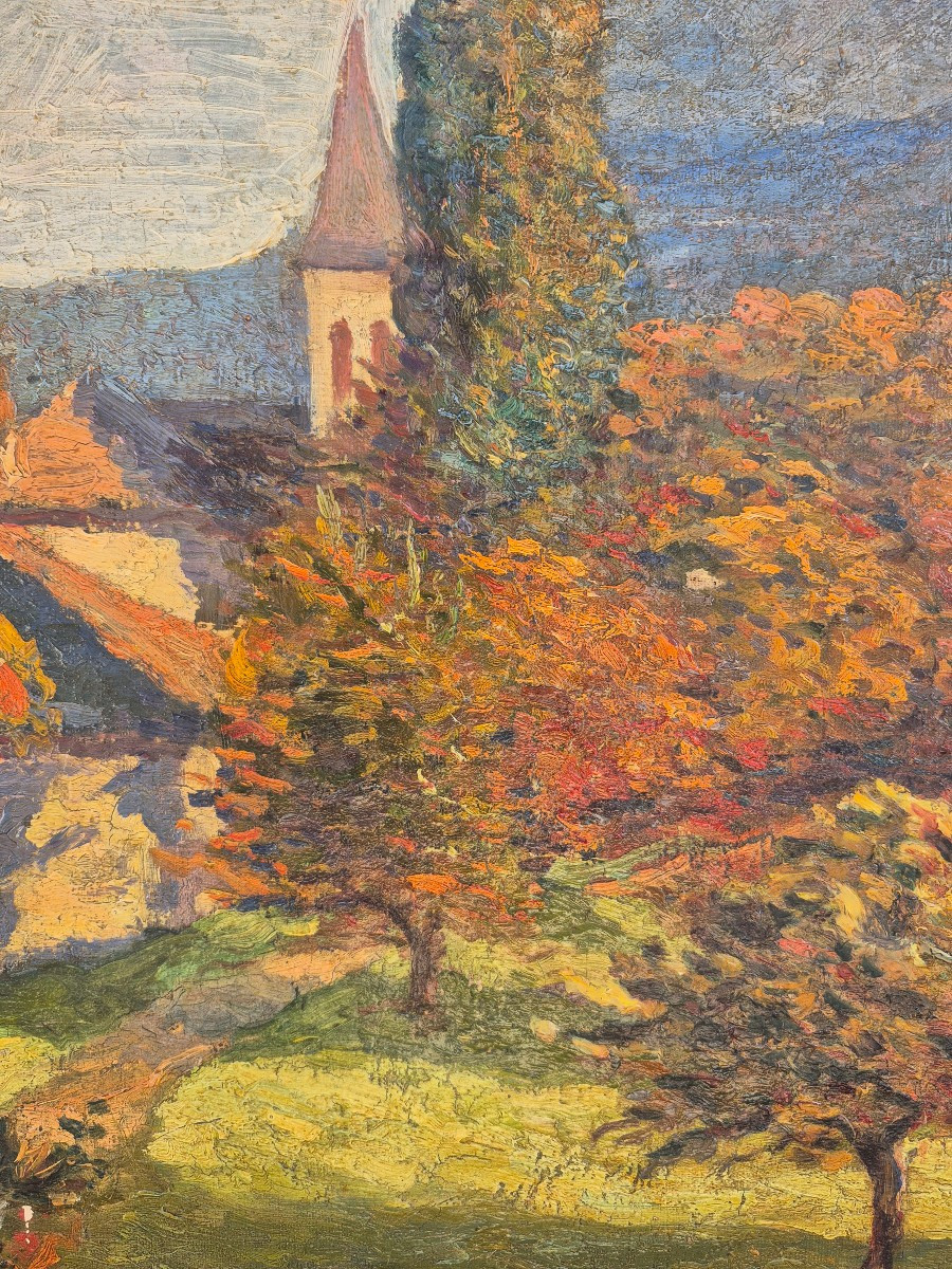 Edmond Ceria (1884 - 1955)  tableau  impressionniste .Évian les bains ,Église, verger,mont-photo-5
