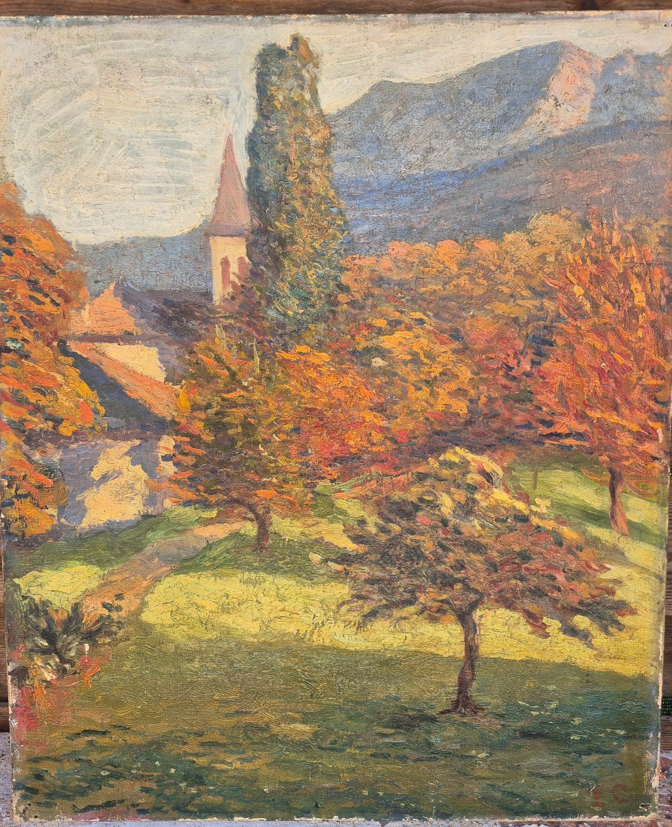 Edmond Ceria (1884 - 1955)  tableau  impressionniste .Évian les bains ,Église, verger,mont