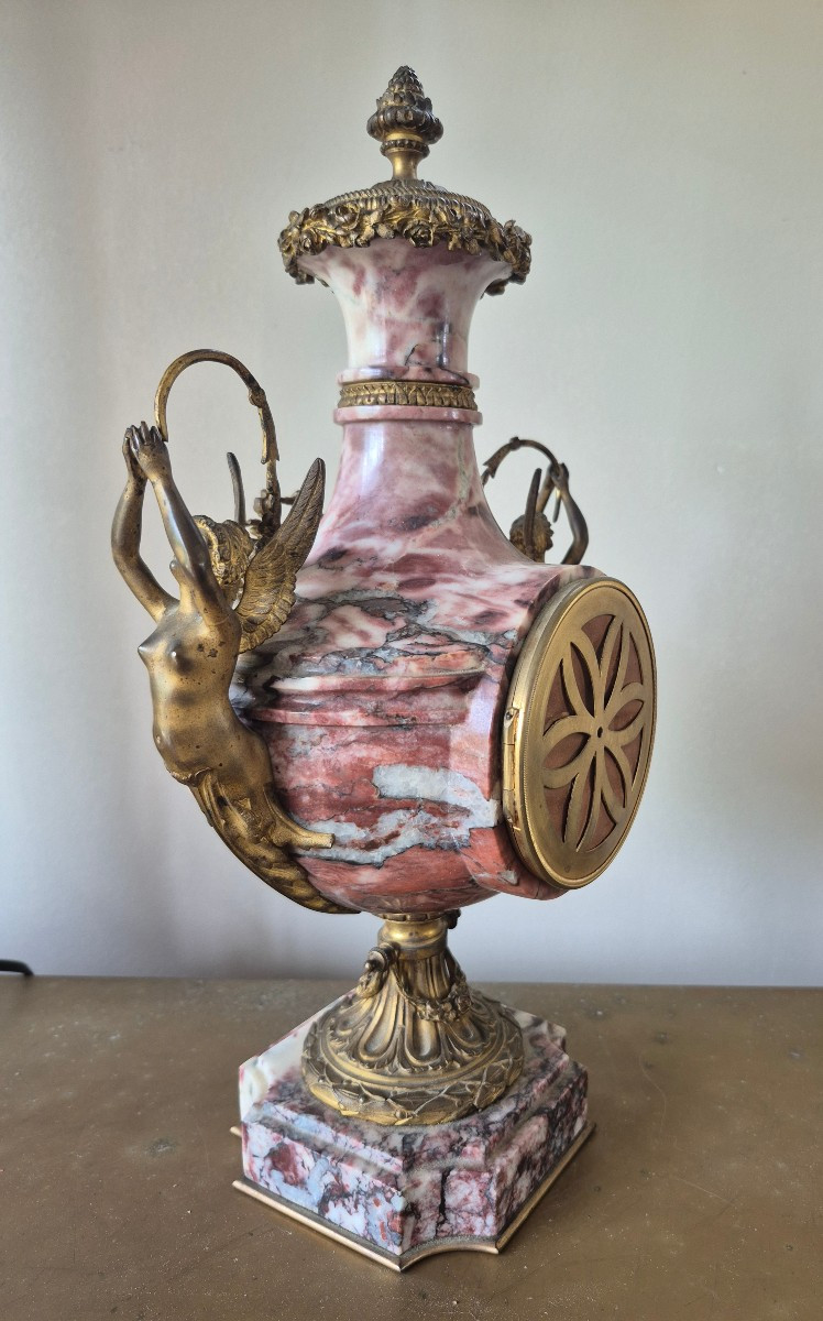 Horloge Marbre garniture en bronze Napoléon III  de style Louis XVI Cariatides fleurs Strass-photo-4