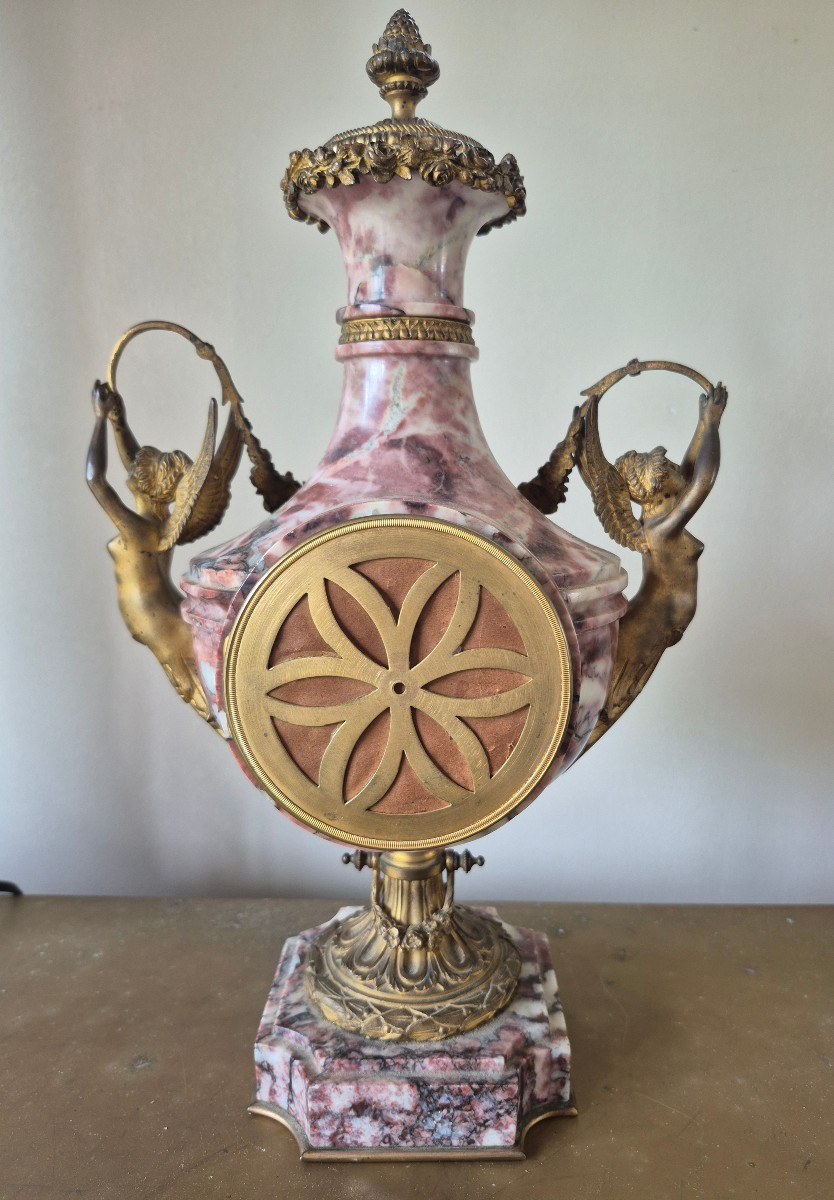 Horloge Marbre garniture en bronze Napoléon III  de style Louis XVI Cariatides fleurs Strass-photo-2