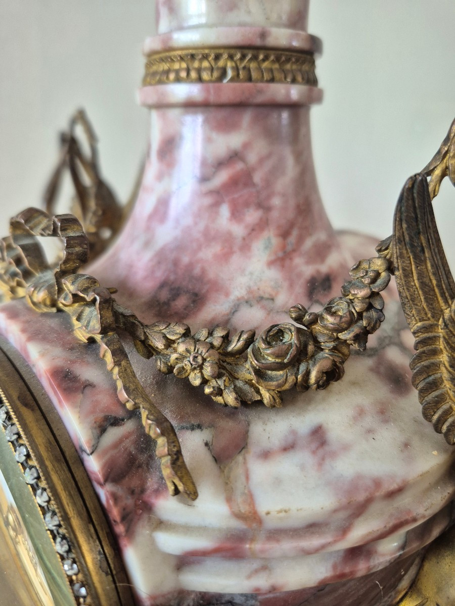 Horloge Marbre garniture en bronze Napoléon III  de style Louis XVI Cariatides fleurs Strass-photo-3