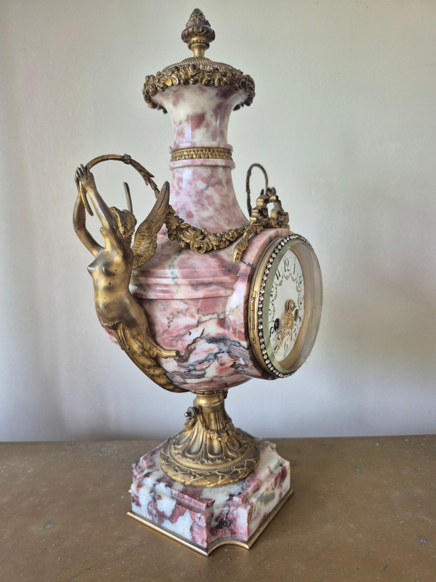 Horloge Marbre garniture en bronze Napoléon III  de style Louis XVI Cariatides fleurs Strass-photo-6