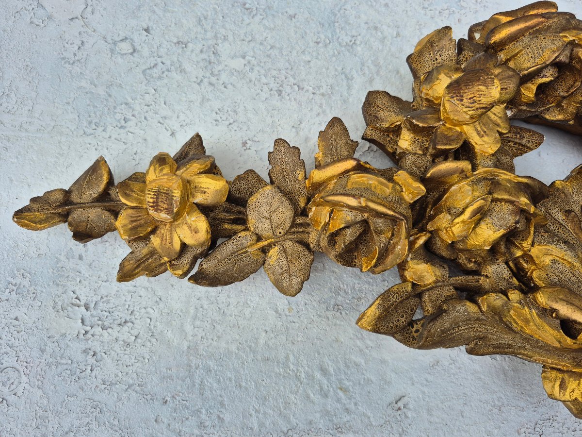   Paire d' éléments de boiseries .Bois sculpté Doré de Fleurs .XIX ème -photo-3