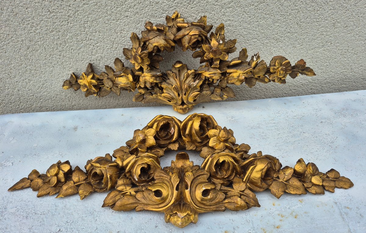   Paire d' éléments de boiseries .Bois sculpté Doré de Fleurs .XIX ème -photo-4