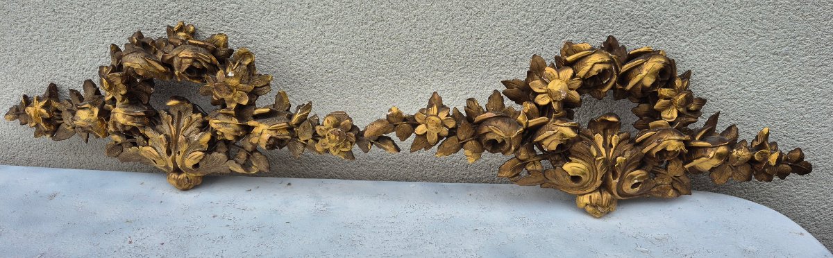  Paire d' éléments de boiseries .Bois sculpté Doré de Fleurs .XIX ème -photo-4
