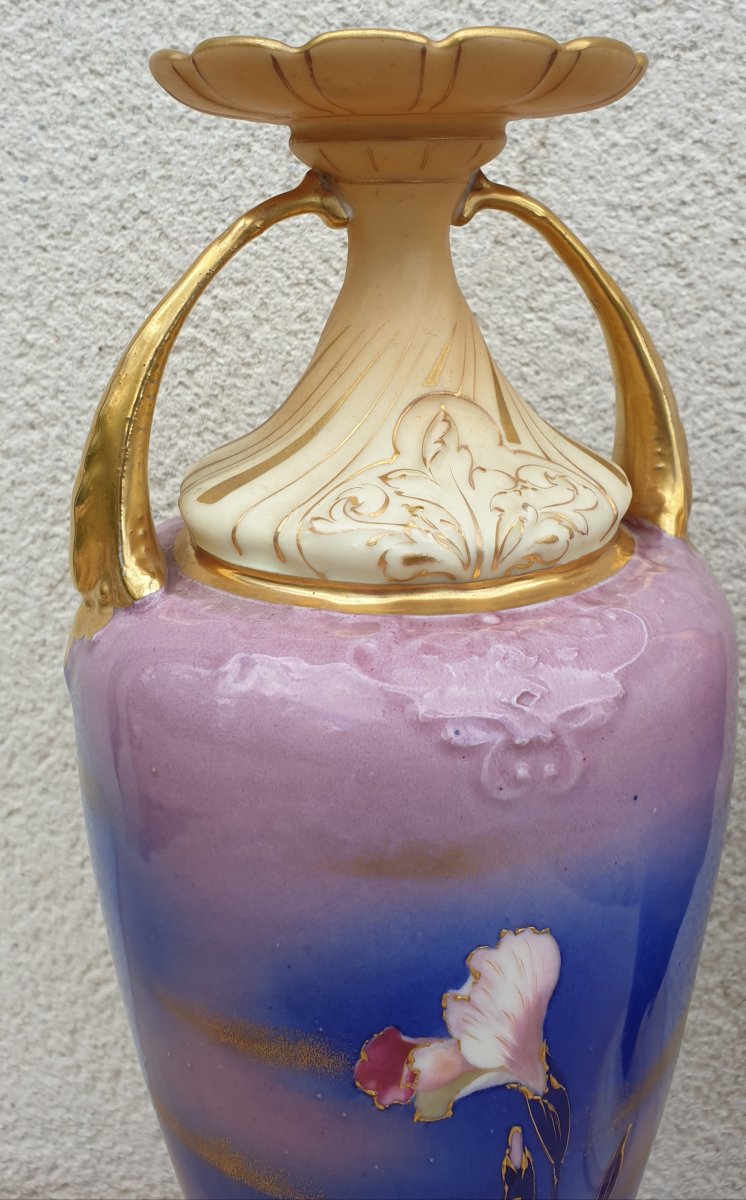 Paire De Vases Art Nouveau Amphora  Décors d'Iris 1900-photo-4