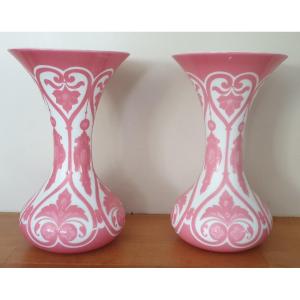 Vases  Overlay Opaline Rose XIX éme Napoléon III 