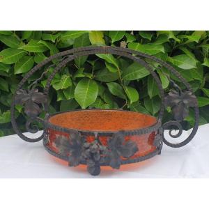 Art Deco Fruit Bowl Paste Glass Wrought Iron Vines