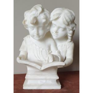 Alabaster Young Girls Reading Sculpture Italy