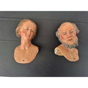 Têtes Napolitaine Bois Sculpté Italie Santons De Crèche Napolitaine Début XIX ème